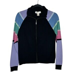 Doncaster Full Zip‎ Silk Blend Cardigan Sweater Size L Black Striped Sleeve